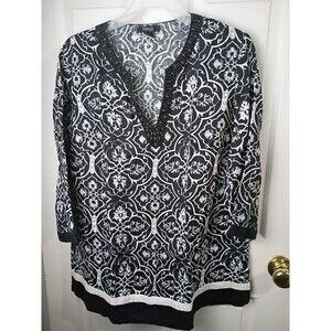 Style&Co Woman 16W 100% Linen Tunic Black White 3/4 Sleeve Cruise Beach minimal